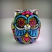 Ceramic Owl Decor Painted Day of the Dead Tattoo Flowers Hearts Folk Sculpture Black White Pink Green Yellow Blue by sewZinski