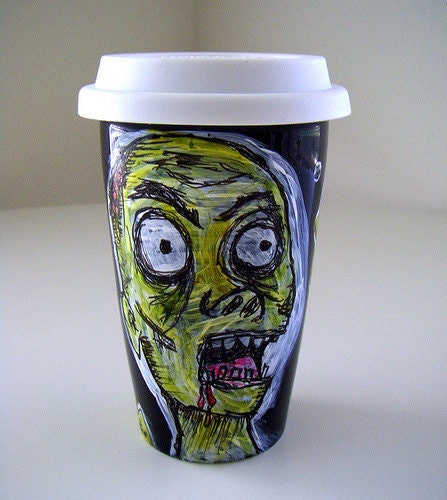 Zombie Travel Mug Halloween Black Ceramic Horror Eco cup Pink Green Brains Geekery Painted - READY TO SHIP