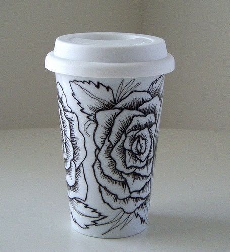 Ceramic Travel Mug Roses Tattoo Black White Eco Friendly hand painted - READY TO SHIP