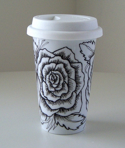 Ceramic Travel Mug Roses Tattoo Black White Eco Friendly hand painted flowers - READY TO SHIP