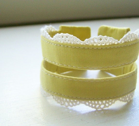 Double strand cuff bracelet in mustard and crocheted lace
