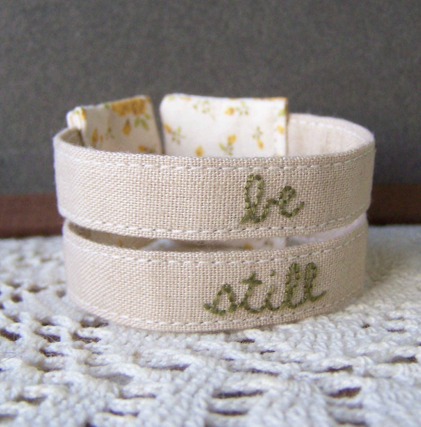 Double strand embroidered cuff bracelet - be still