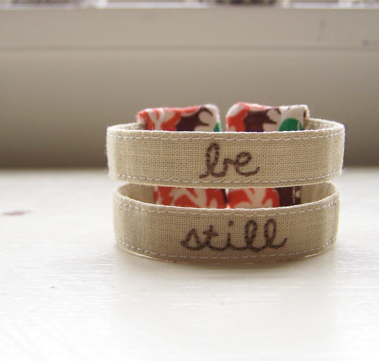 Fabric cuff bracelet vintage floral embroidered - be still