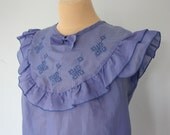 SALE SALE SALE Vintage 1980s PURPLE Eyelet Embroidery Ruffle Blouse Top with Bow - M Medium