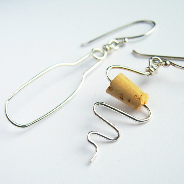 Cork and Wine Bottle Sterling Silver Earrings. Wine Lovers