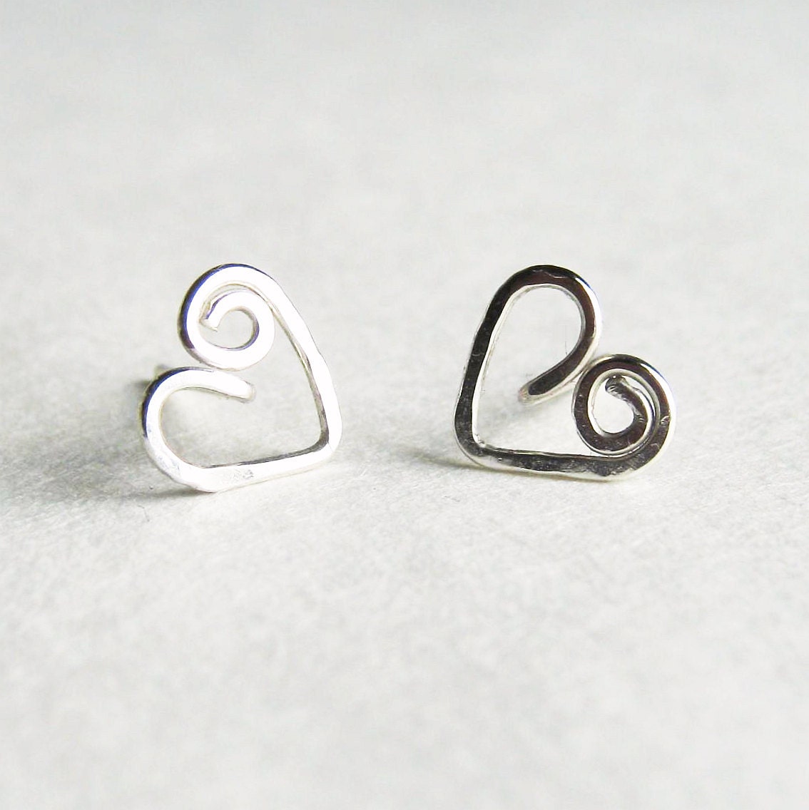 Sterling Silver Swirly Heart Studs Hand Hammered Post Style Earrings