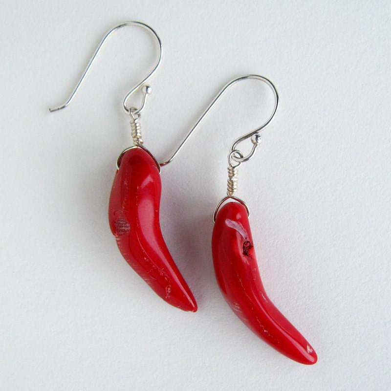 Red Coral Pepper Earrings -Sterling Silver and Red Coral Stone