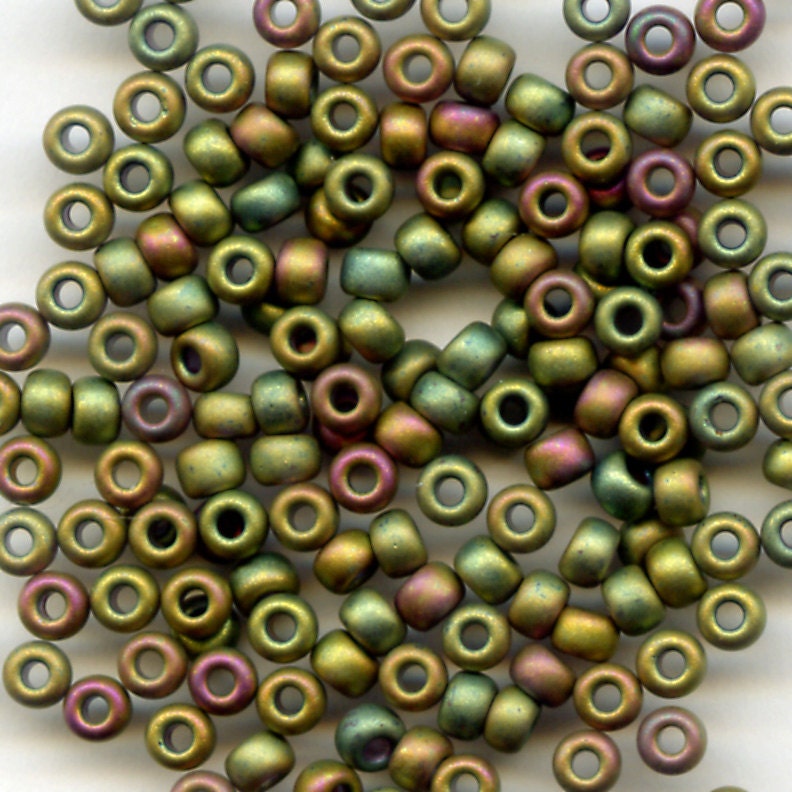 Frosted (Matte) Metallic Olive Rainbow Iris No. F463K, Japanese Glass Seed Beads, Size 8, 14g. - mbonan9