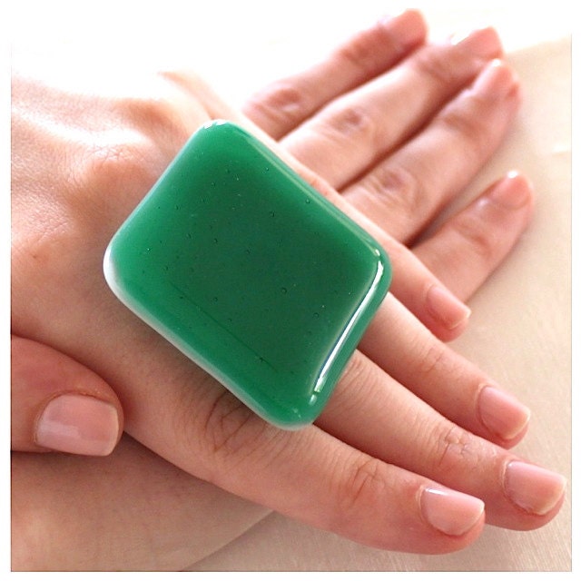 Emerald Glass Ring - big bold oversize handmade adjustable cocktail ring - EMERALD CITY - 1.8 inch