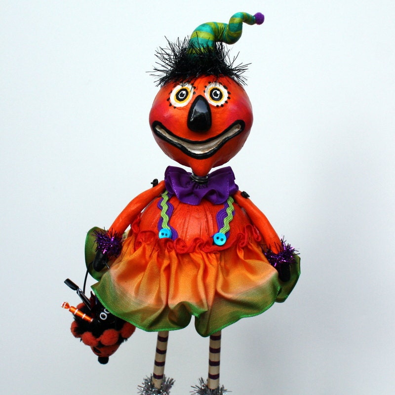 Halloween Pumpkin Folk Art  Paper Mache Sculpted Doll