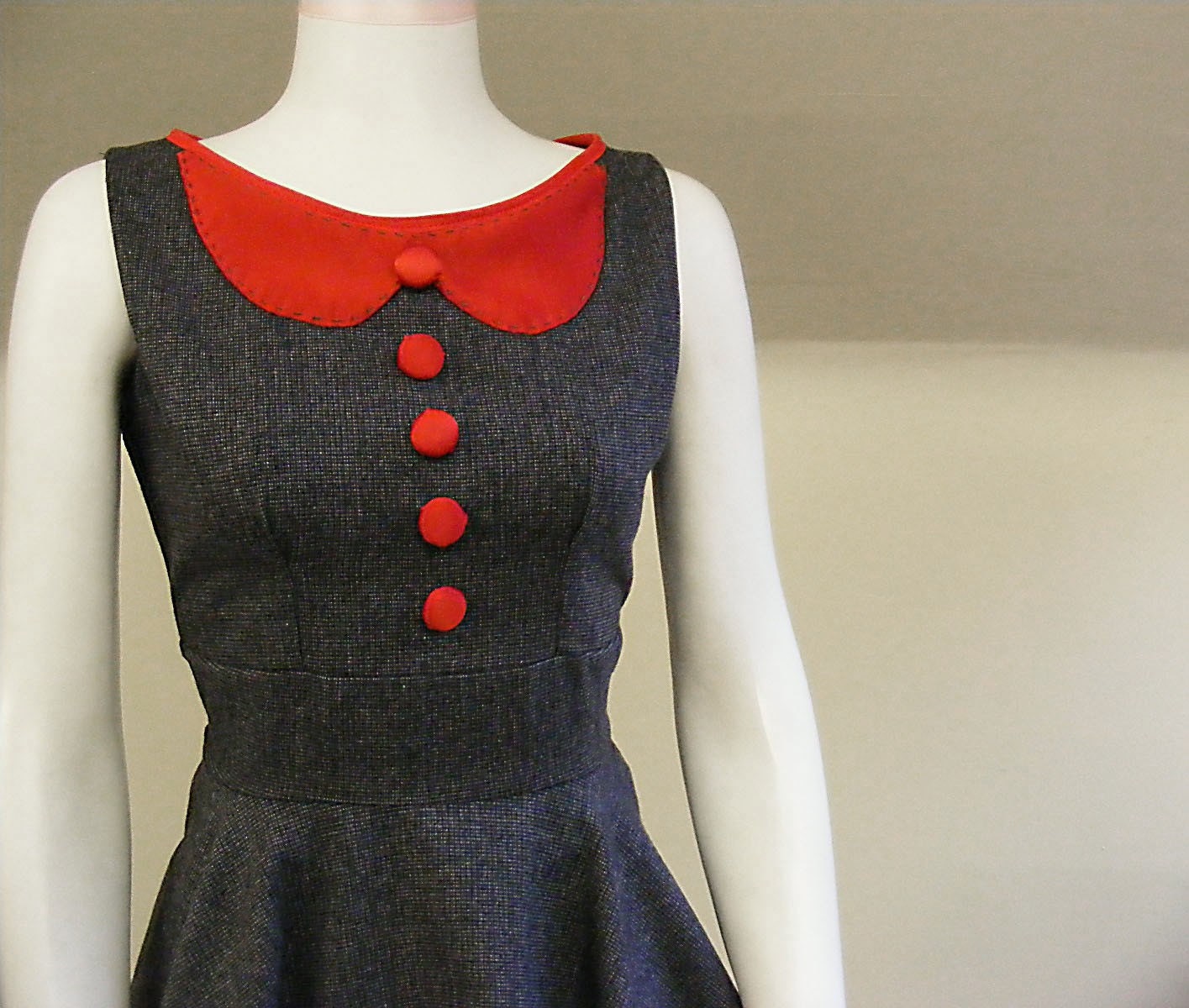 The 50s Picnic Dress - Red Grey Tweed 10 12 OOAK