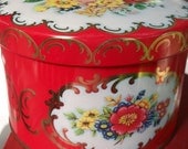 Vintage Red Green English Garden Summer Metal Tin Box Lid Storage Container