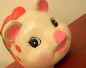 SALE Vintage Red Polka Dot Pig Christmas Bank Green Chalkware Japan Inarco