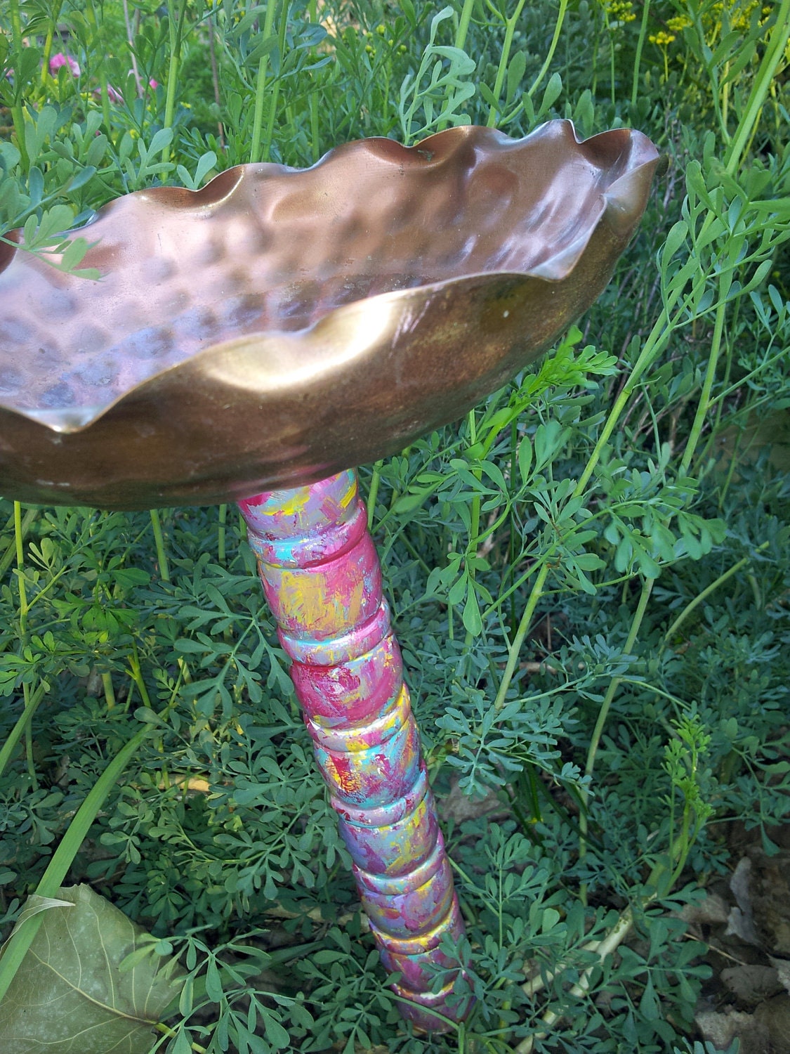 Recycled Upcycled Birdbath Birdfeeder Copper Pink Blue Garden Stake Outdoor Summer