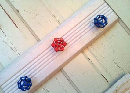 Upcycled Organization Red White Wood Wall Hook Metal Faucet Jewelry Coat Hanger
