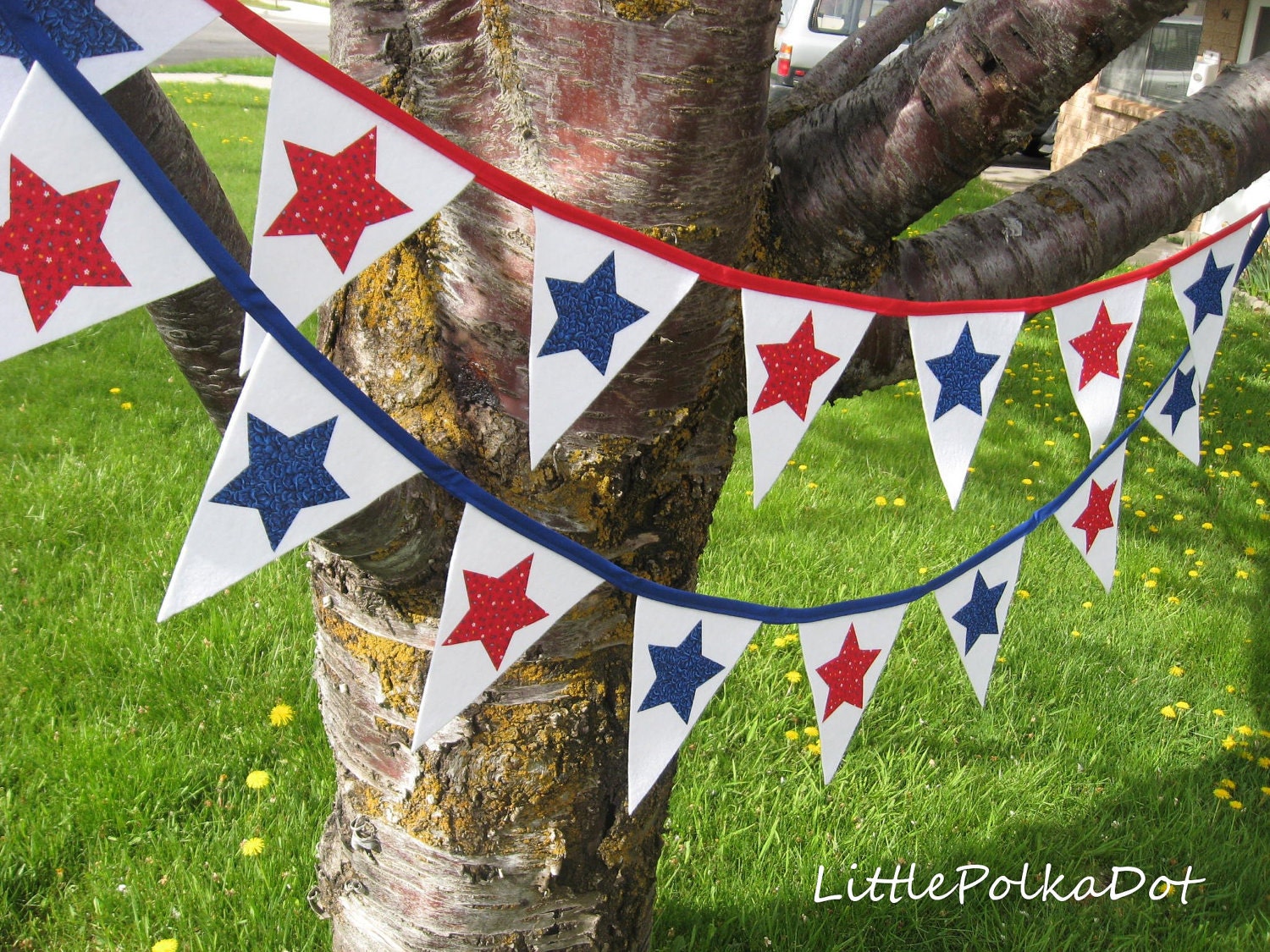 Red White and Blue Star 4th OF JULY reusable pennant flag party banner, you choose tie color