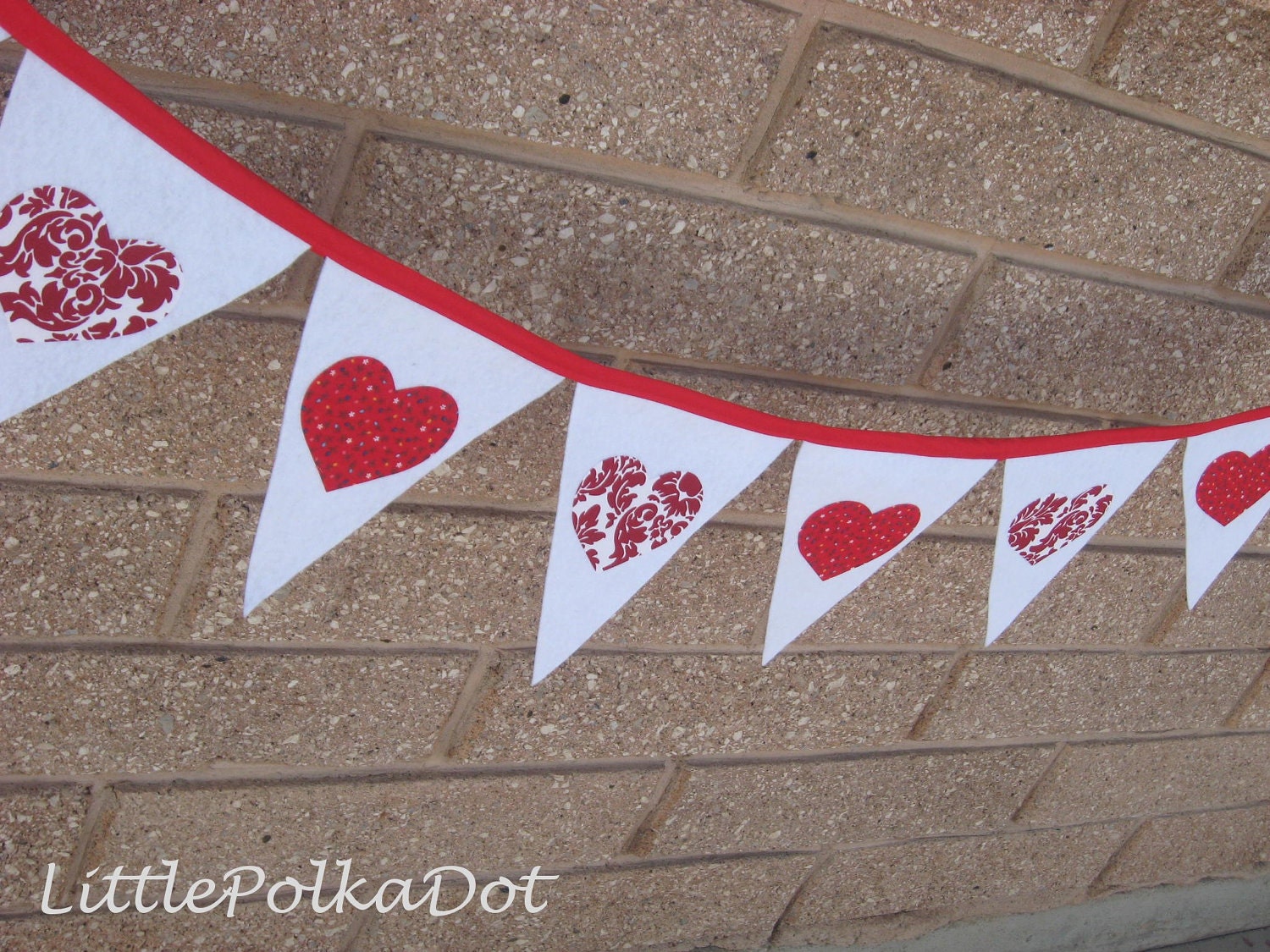 Valentines Day Heart Pennant Banner, Ready to Ship, Reusable, Party decoration, fabric party flags, photo prop