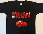 Cars Lightening McQueen Name Tshirt on an Black Tshirt -- Sizes 12m, 18m, 2, 4, 6 and 8 - Personalized Children Clothing, Kids