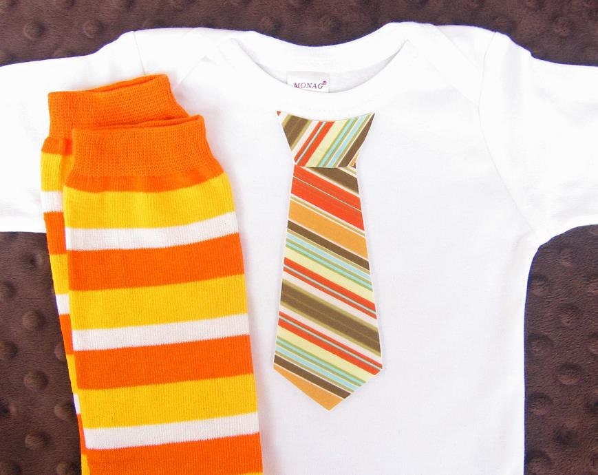 Baby Boy Tie Onesie matching striped leg warmers - orange, children, baby clothing 0-3, 3-6, 6-12 and 12-18 months  long or short sleeves