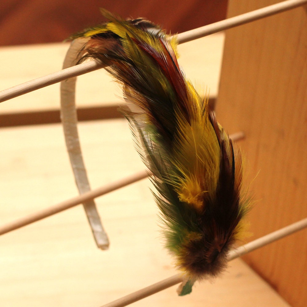 Natural brown, green, yellow, grey feather hair band. Natural, comfortable, flexible. Fascinator. Striped feather 0031
