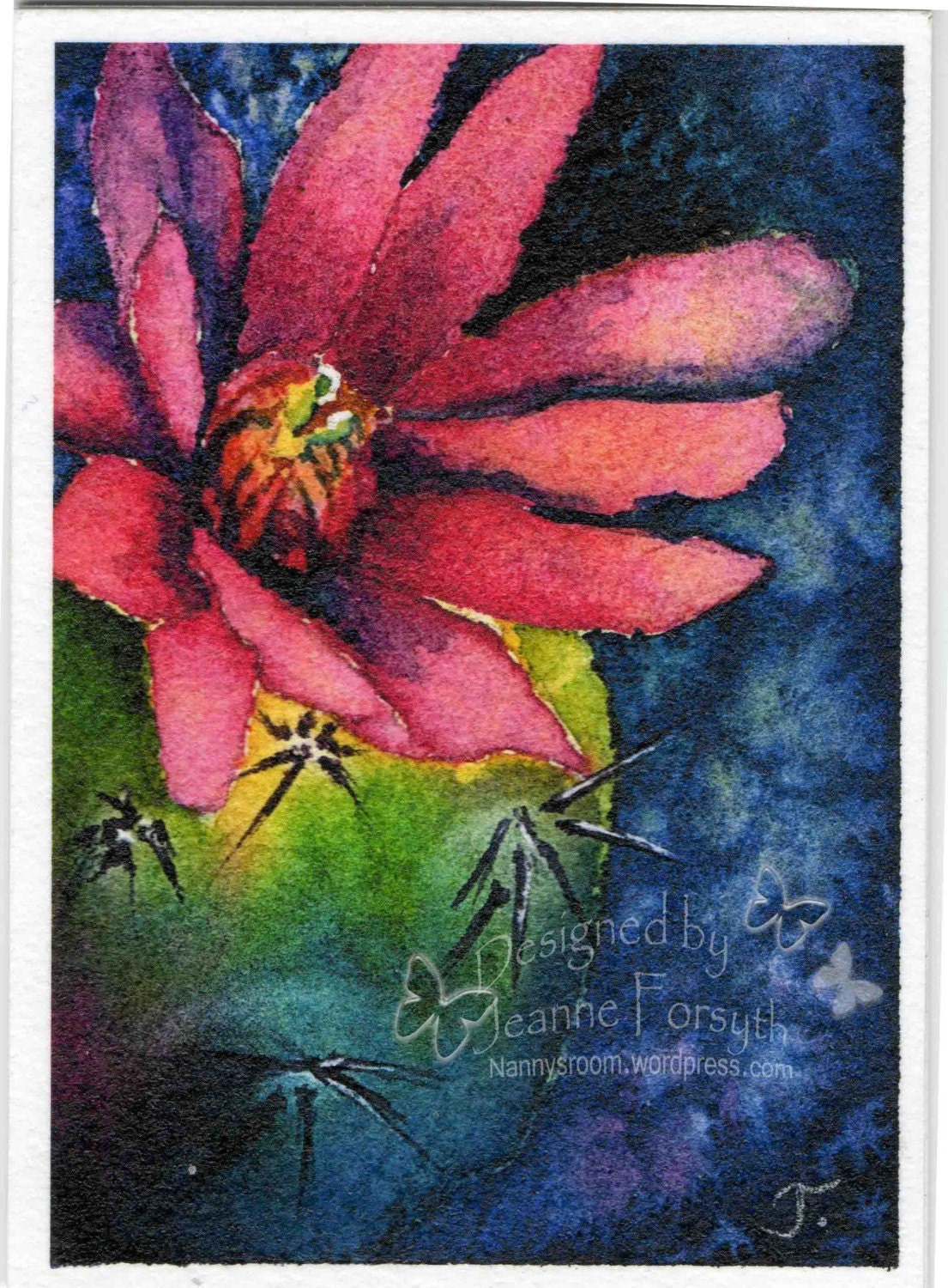 ACEO Art Print, Pink, Green, Blue, Cactus