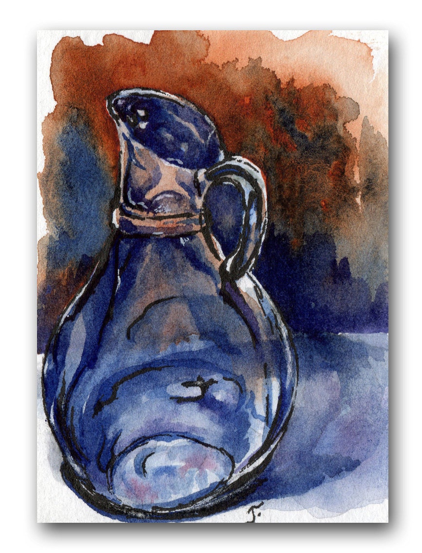 ACEO Original watercolor, blue, brown, glass, reflective