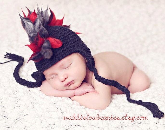Mohawk hat baby boy newborn size black and red earflap punk hat