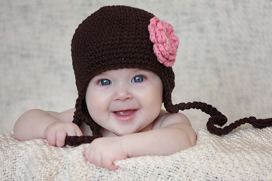 0-3 month size brown beanie with pink flower