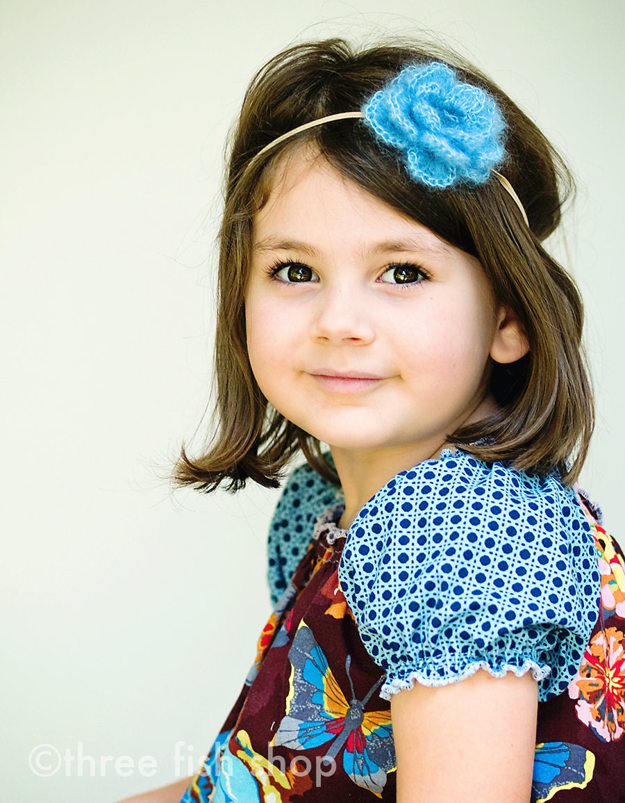 Newborn Girl Flower Headband Newborn Photo Prop Toddler Headband - Fluffy Flower Skinny Headband in Bright Azure - Choose your size