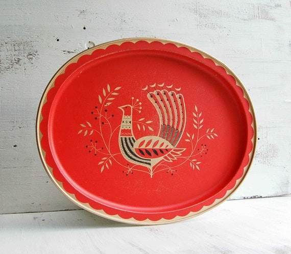 Vintage BIRD Tray Metal Red Scandinavian Retro Chicken