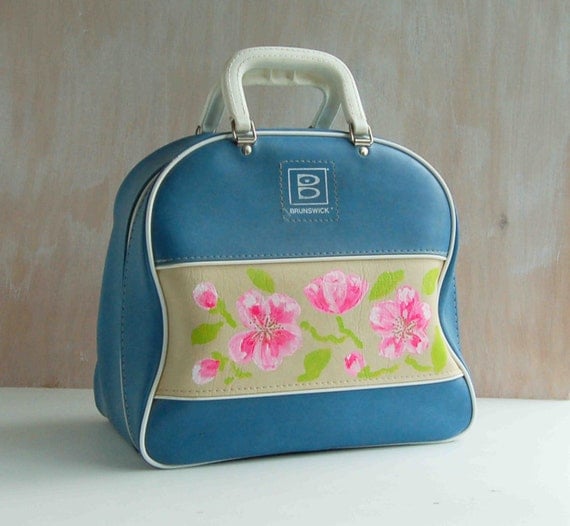 Vintage BOWLING BAG Hand Painted Pink Flowers by redtruckdesigns