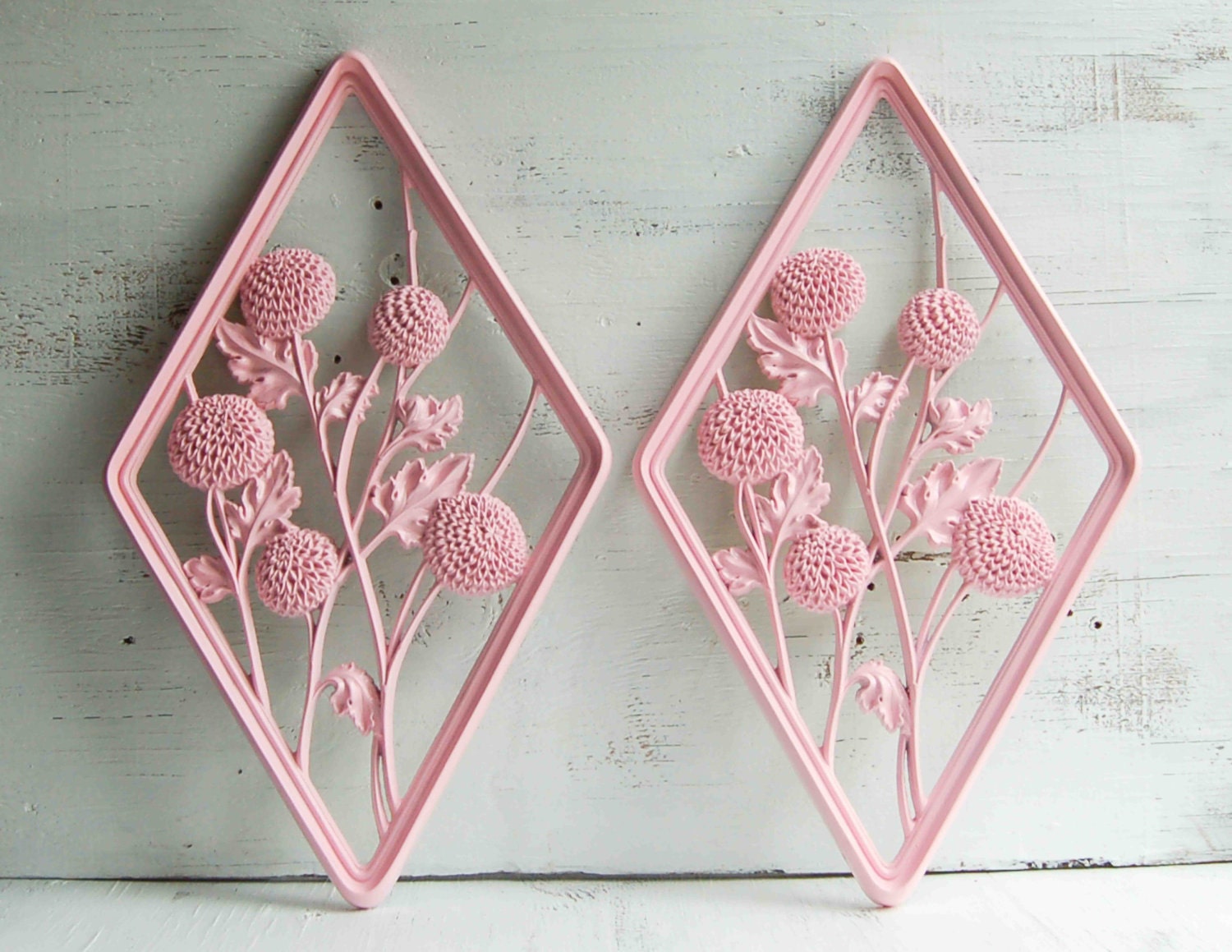 2 Vintage PINK FLOWER Wall Art 1960's Plaques