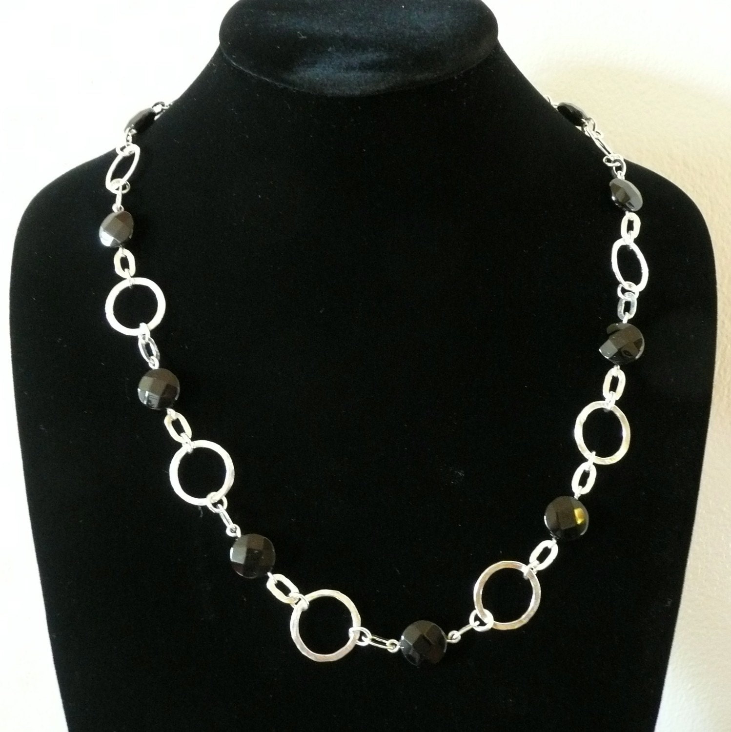 Hammered Sterling Silver Circles Necklace with Onyx Beads 30% off Sale was 140