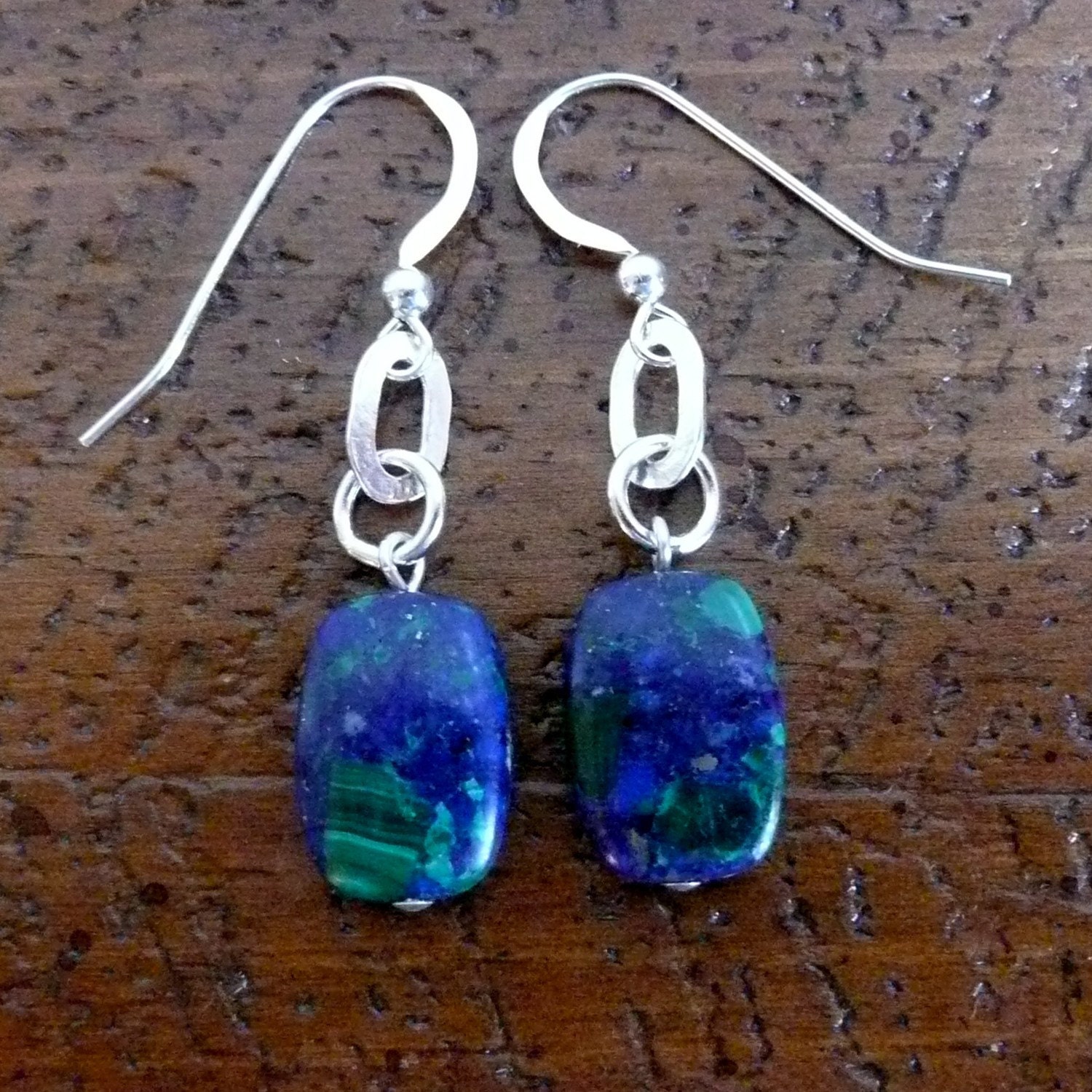 Earrings Hammered Silver Azurmalachite Beads