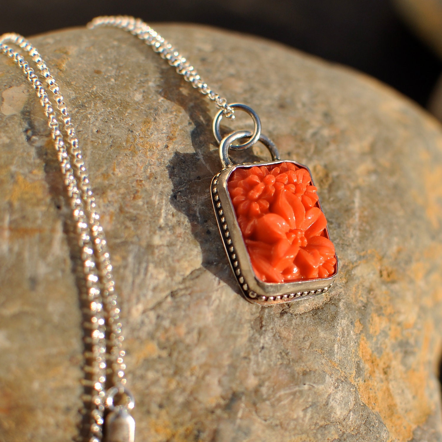 Coral Vintage Japanese Small Rectangular Glass Pendant