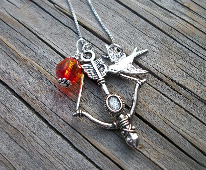 Girl On Fire Necklace - Hunger Games Inspired - Katniss Bow & Arrow - Fire Opal Swarovski Crystal