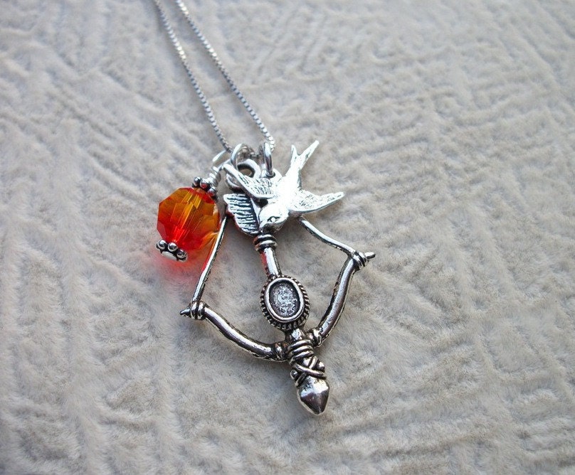 Girl On Fire Necklace - Hunger Games Inspired - Katniss Bow & Arrow - Fire Opal Swarovski Crystal