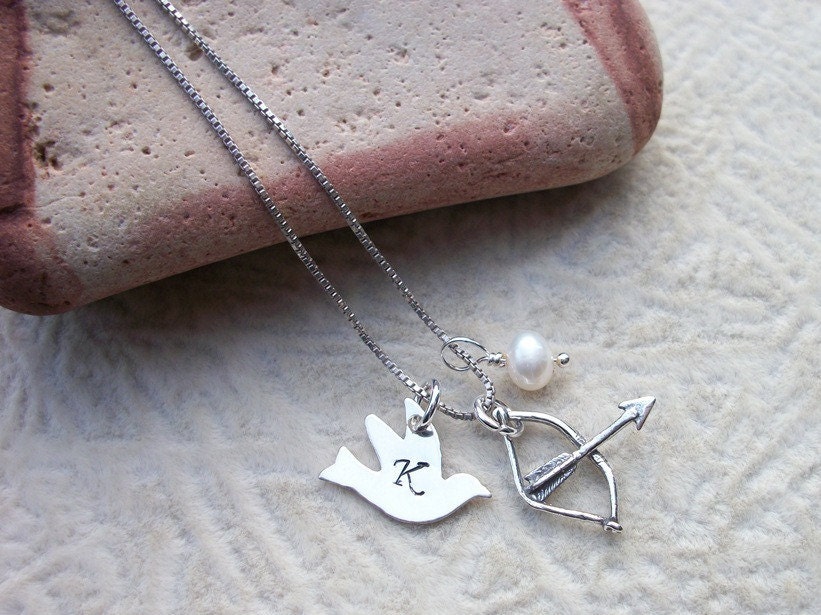 Katniss Everdeen Dainty Necklace - Hunger Games Inspired - Sterling Bow & Arrow - Freshwater Pearl - Sterling Silver Filled Bird