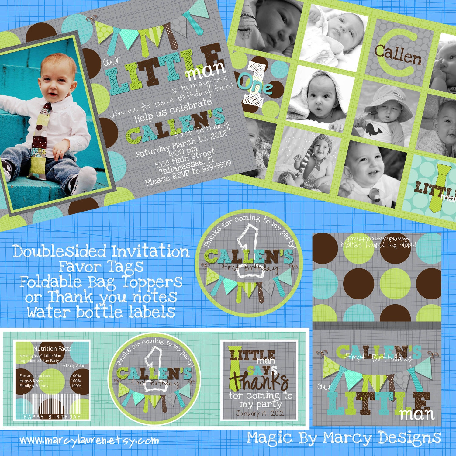 Party Printable Pack Little man turns one Ties and polka dots Kit First Birthday invitations,banner, favors tag Il_170x135