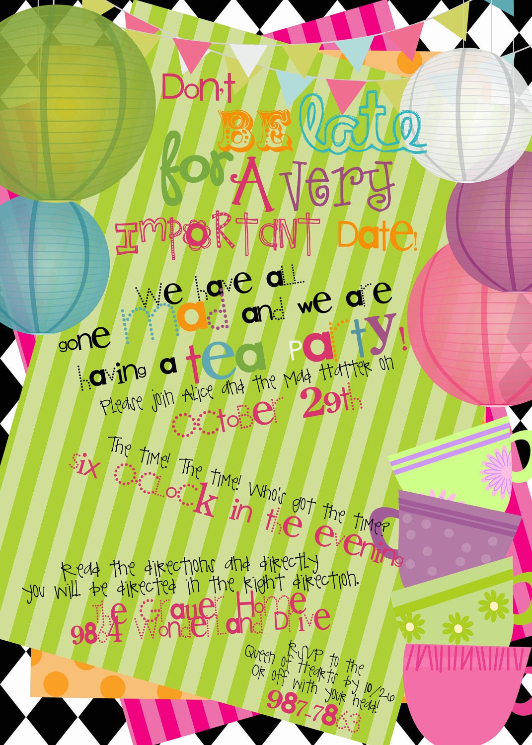 Mad Hatters Tea Party Invitations, 4 round sticker designs, water bottle label Il_570xn