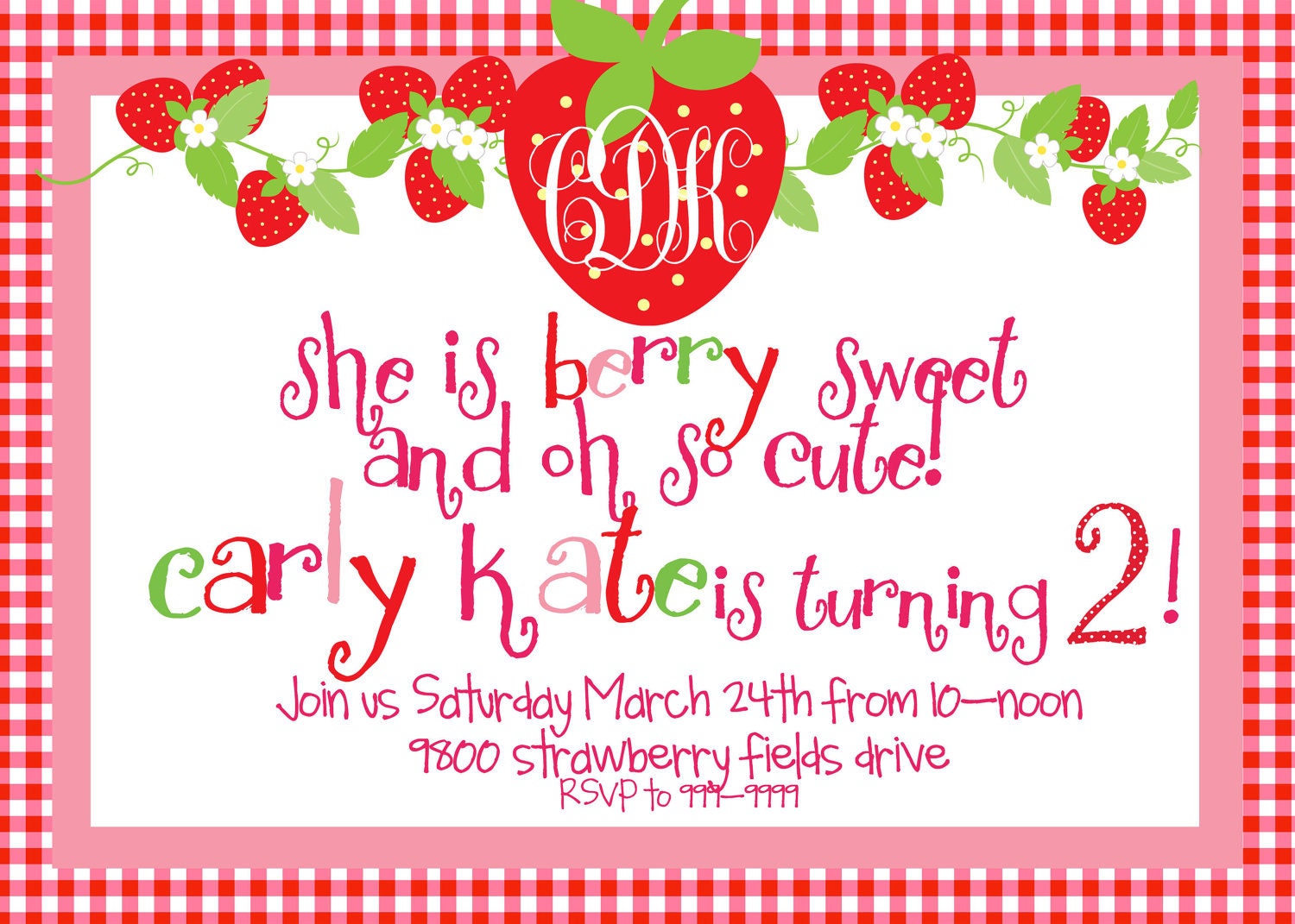 DIY Strawberry Birthday Invitations Printable 4X6 or 5X7 Il_570xn