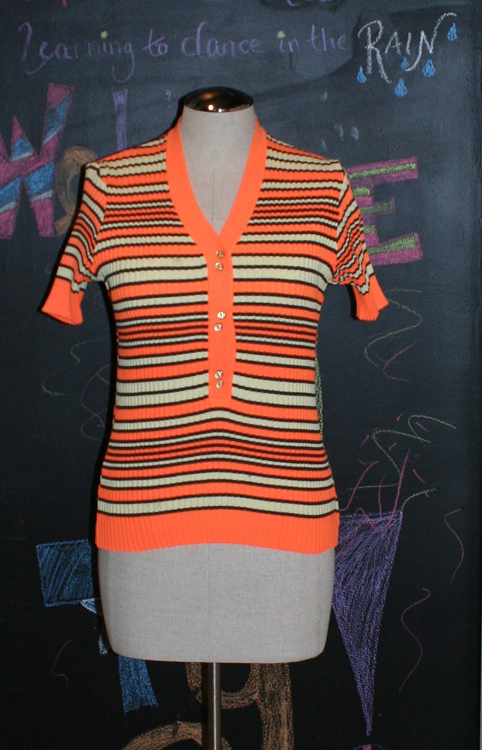 Safety Cone - Bold Neon Orange Striped Casual Sweater - Circa 1970's