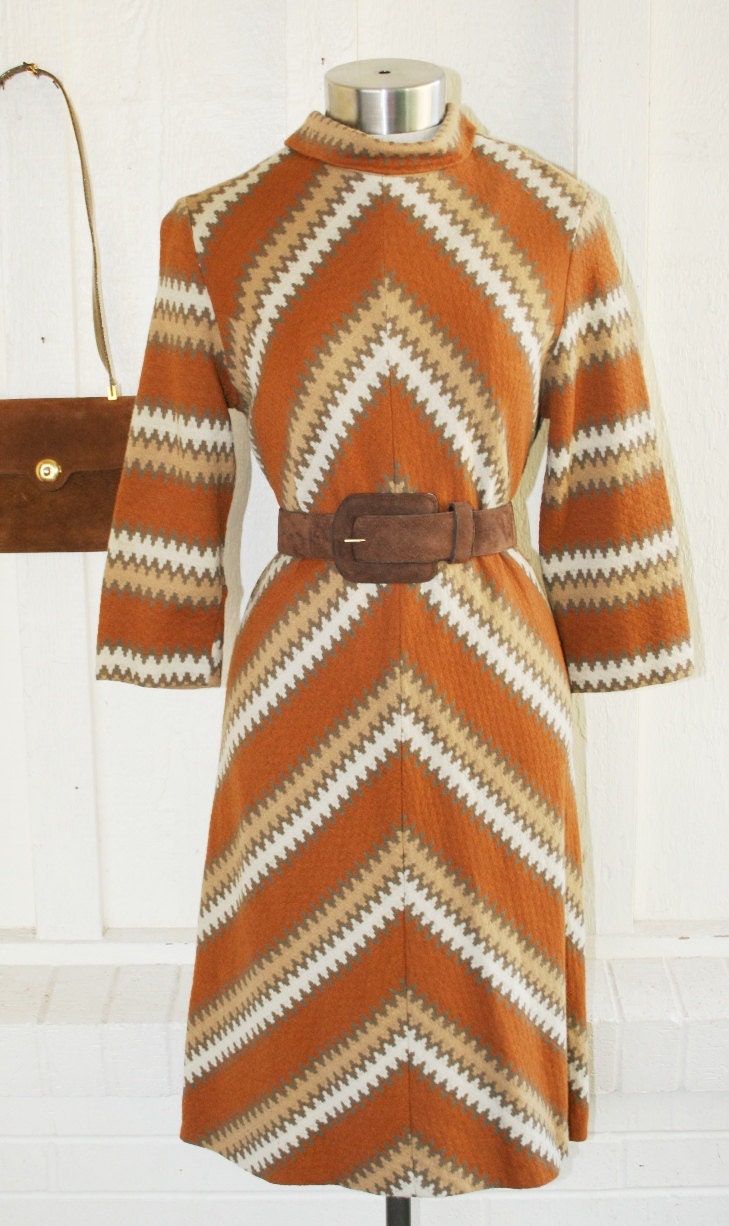 Prime Time - Brown Knit - Op Art - Stripe - Mod - Day Dress - by Nancy Greer