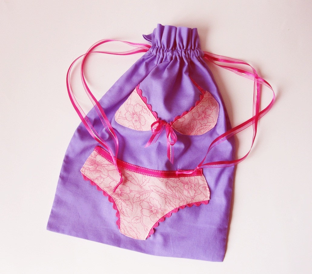 Appliqued Lingerie Bag  with Undies- for Travel, Drawer, Spa, or Washing