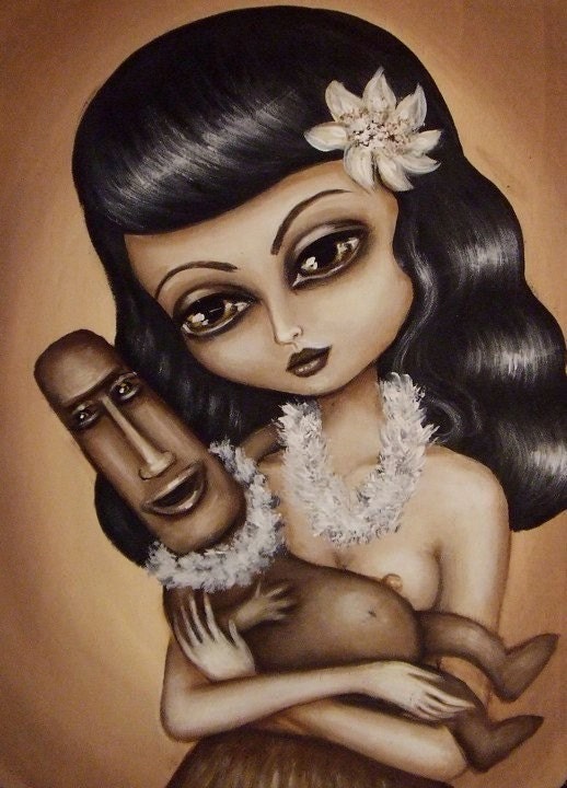 TIKI BABY big eye lowbrow mother and tiki god child giclee PRINT  by Nina Friday