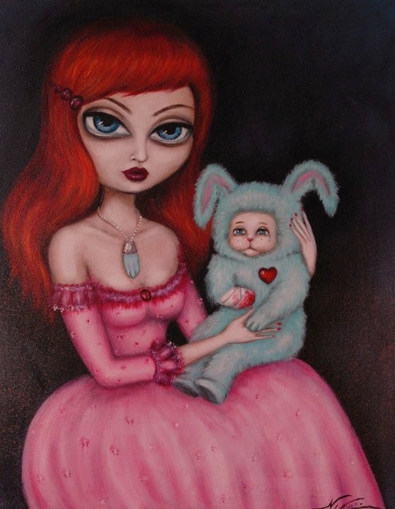 LUCKY big eye gothic victorian girl with bunny giclee PRINT by Nina Friday