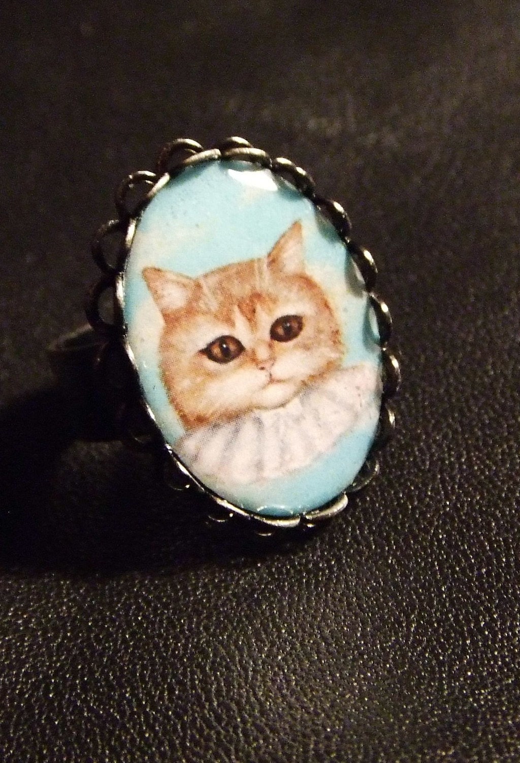 HAPPY KITTY victorian sweet kitty in the sky with lace collar adjustable  RING by Nina Friday