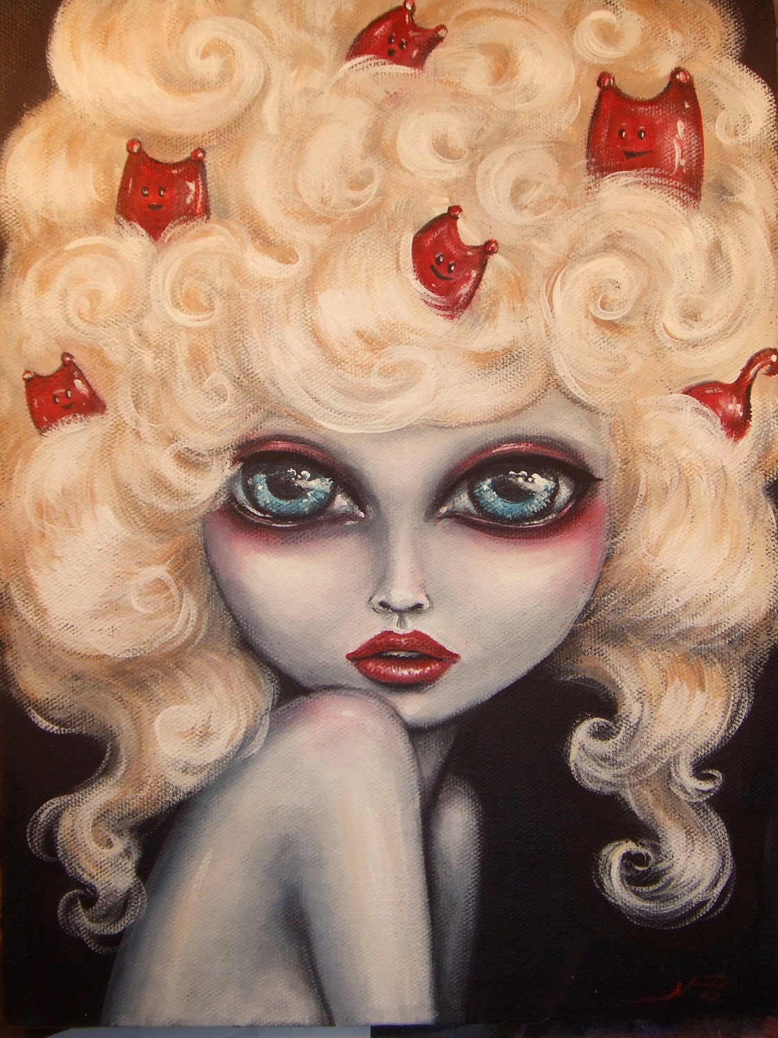 SUNDAY MORNING   big eye perplexed blond with creatures in her hair  GICLEE print by Nina Friday