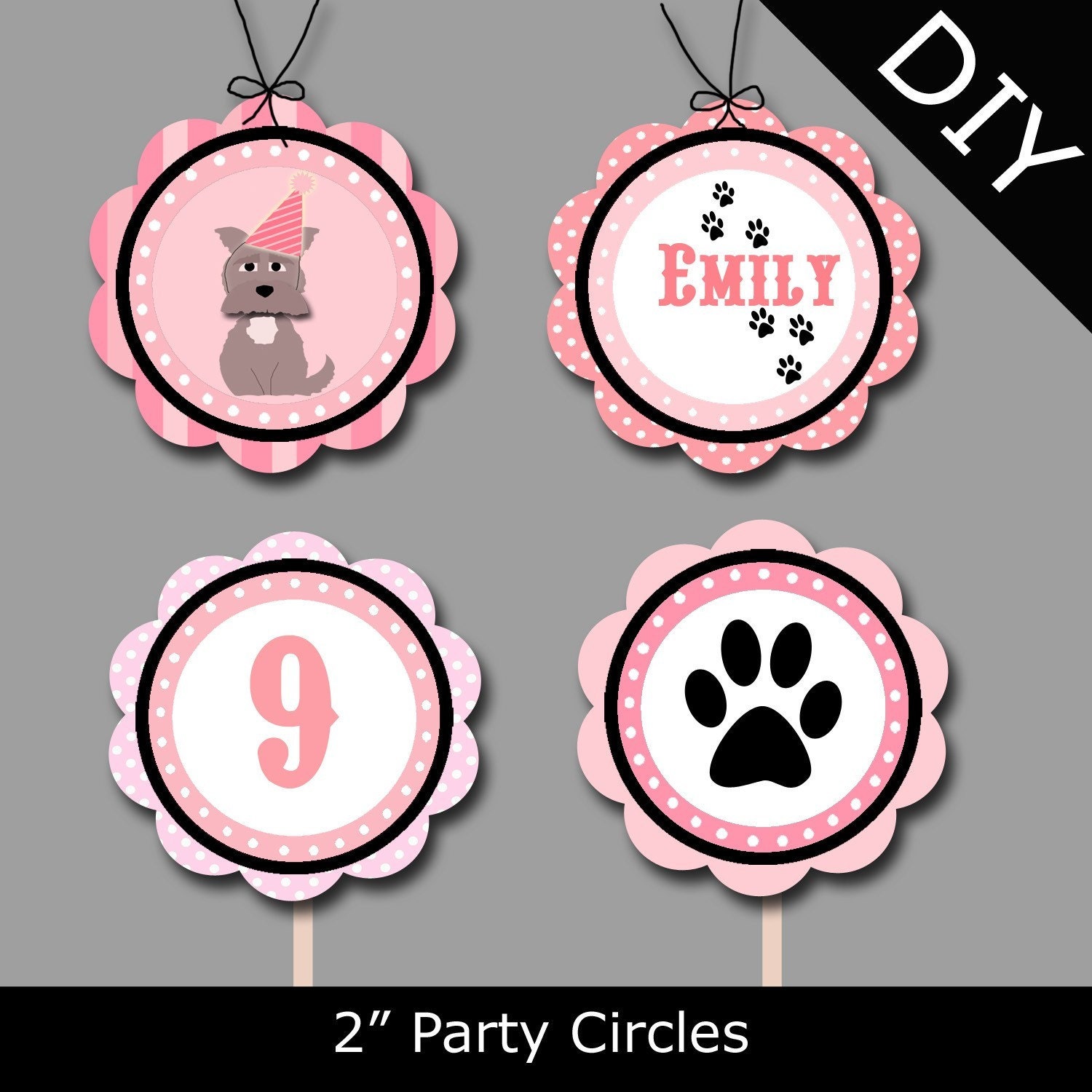 Doggy Swims Girl Printable Party Circles Cupcake Toppers Tags