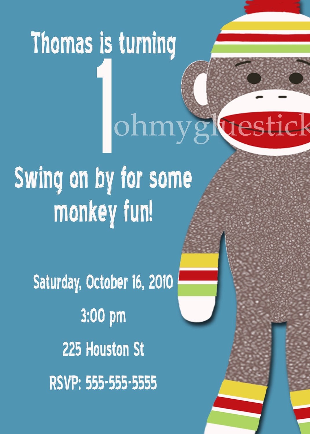 Original Sock Monkey Rainbow Printable Invitation by Oh My Gluestick